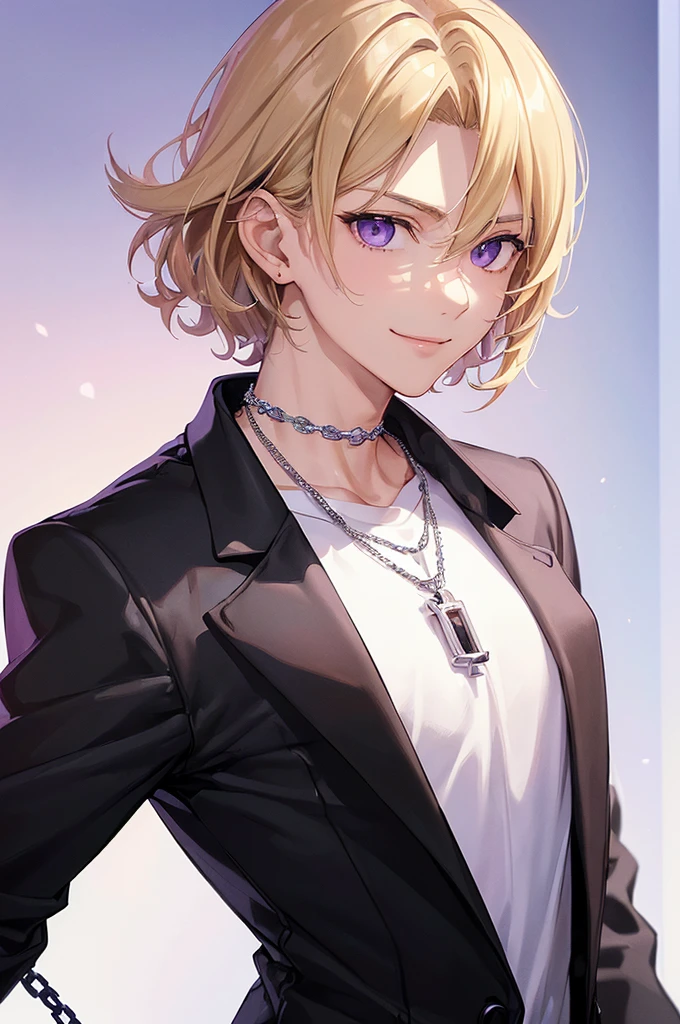 (((masterpiece; best quality: 1.2))), (finely detailed eyes: 1.3), ((ung man)), ((solo)), (purple eyes: 1.4), (body shape; lean, masculine, manly: 1.3), (very short blond hair: 1.3), (beautiful and clear background: 1.2), ((depth of field)), (equipment: womanizer garb + black jacket + white t-shirt + black watch + thin chain necklace: 1.3), (anime illustration: 1.2), (background composition; park + day: 1.1), (extremely handsome: 1.1), (shot composition; standing + centered on face + bust close-up: 1.5), (facial expression; calm, smile: 1.2)