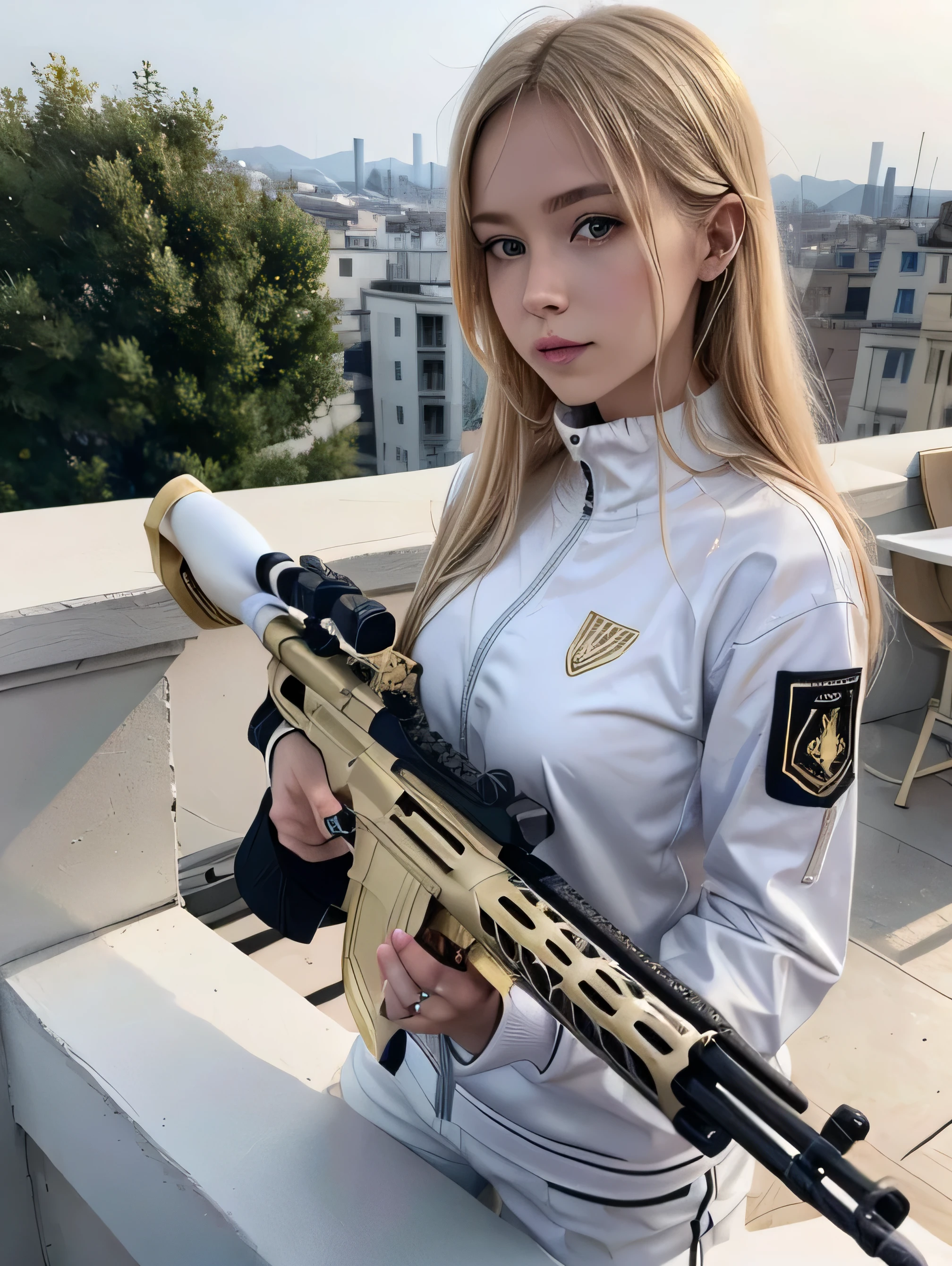 A young blonde woman. focused on its objective. The Sniper is a high-precision rifle with a glossy white finish, decorated with gold details. He is standing with his rifle resting on the edge of the terrace.. She is focused on her target in her sights. black casual clothes. THE RIFLE IS WHITE WITH GOLDEN DETAILS the sniper is leaning on the edge of the terrace