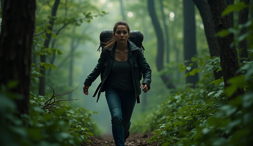 cinematic lighting, shallow depth of field, back view, intense gritty, a woman wearing worn leather jacket, dark t shirt, denim pants, large backpack, running through lush bushes inside a forest.