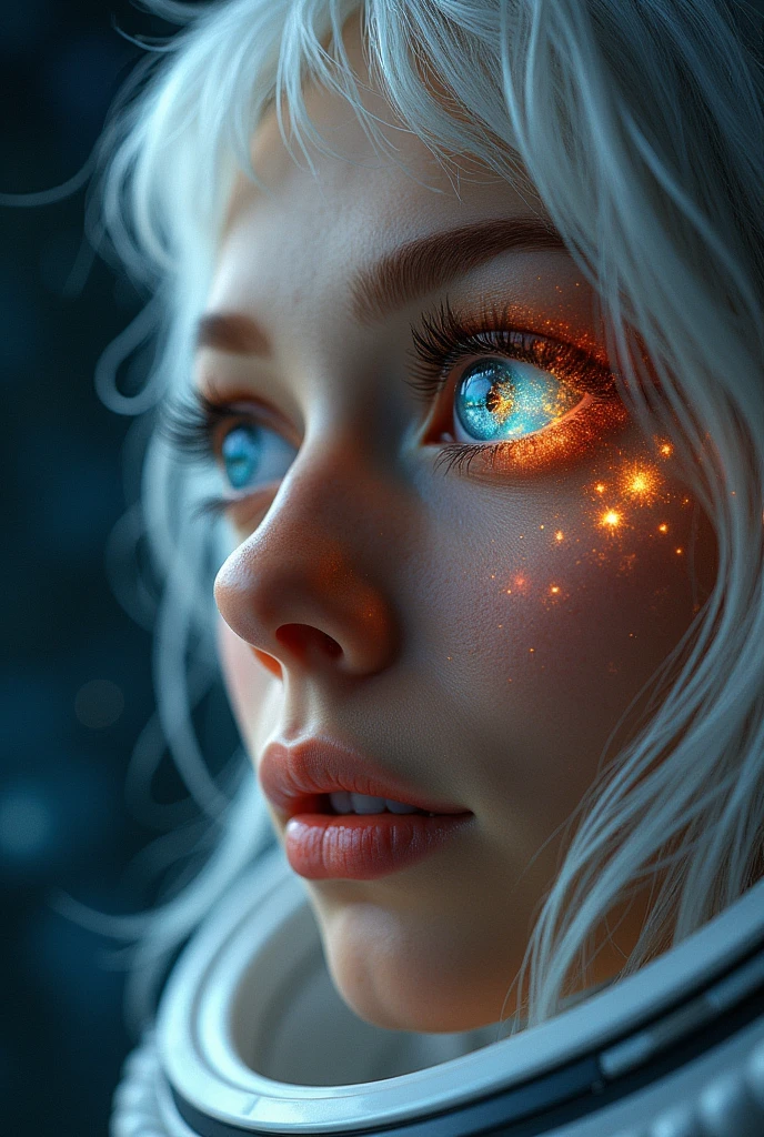 (Close-up of a better masterpiece:1.5)0.9], (Space and astronauts:1.2) (Messy silver hair:1.1) (Heterochromia xanthochromia and blue eyes:1.2) (Space Helmet:1.0) (Colored stars in the eyes:1.0) (A radiant glow:1.1) (thick lips:0.9)