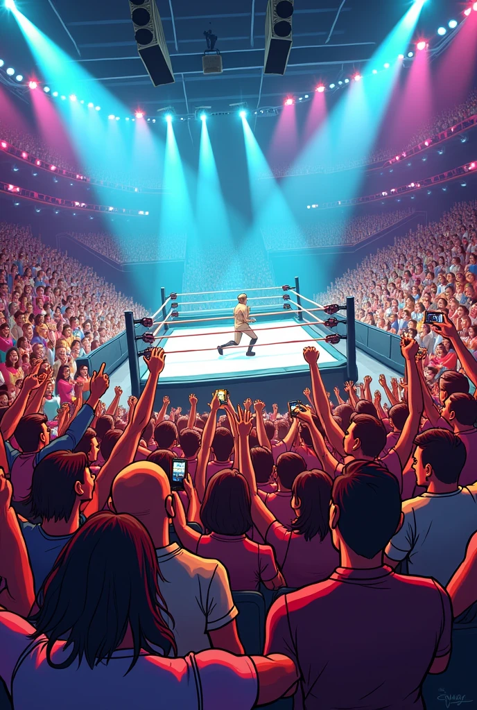 Generate me an image with a cartoon-style audience watching wrestling, taking pictures, raising hands, euphoric.