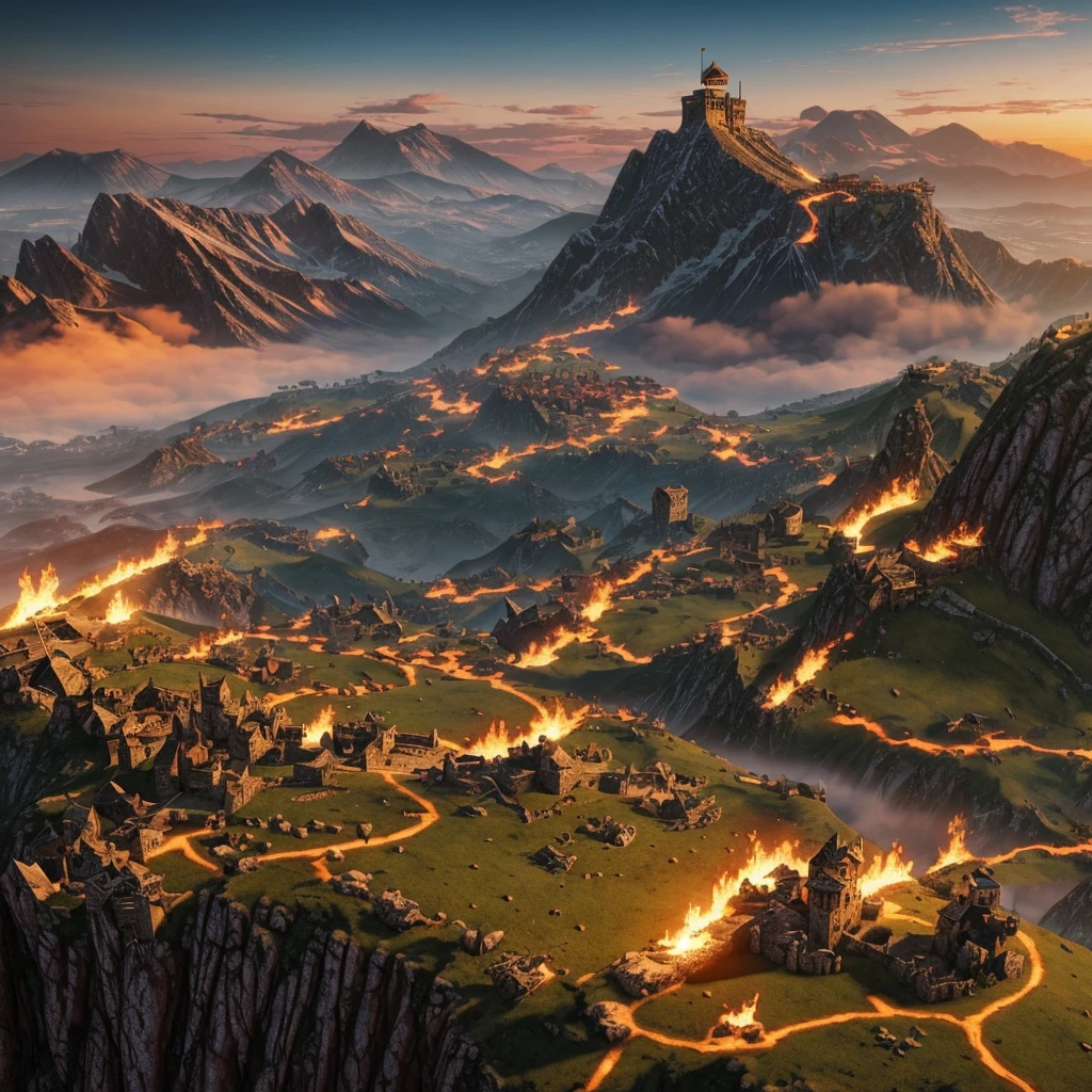 Realistic medieval landscape seen from above a mountain with dragons flying in the background with a tiefling on top of that mountain with his hands conjured of fire facing away