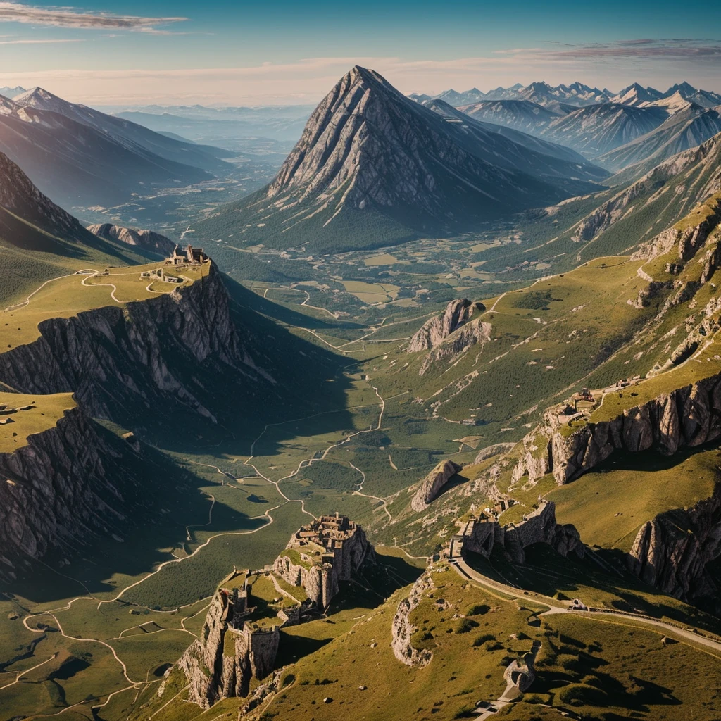 Realistic medieval landscape seen from above a mountain with dragons flying in the background with a tiefling on top of that mountain with his hands conjured of fire facing away