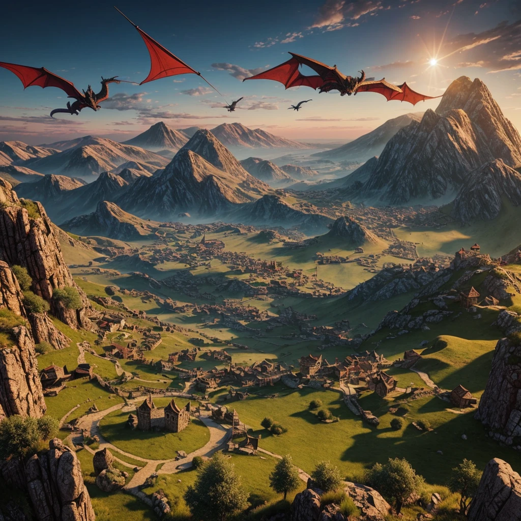 Realistic medieval landscape seen from above a mountain with dragons flying in the background with a tiefling on top of that mountain with his hands conjured of fire facing away
