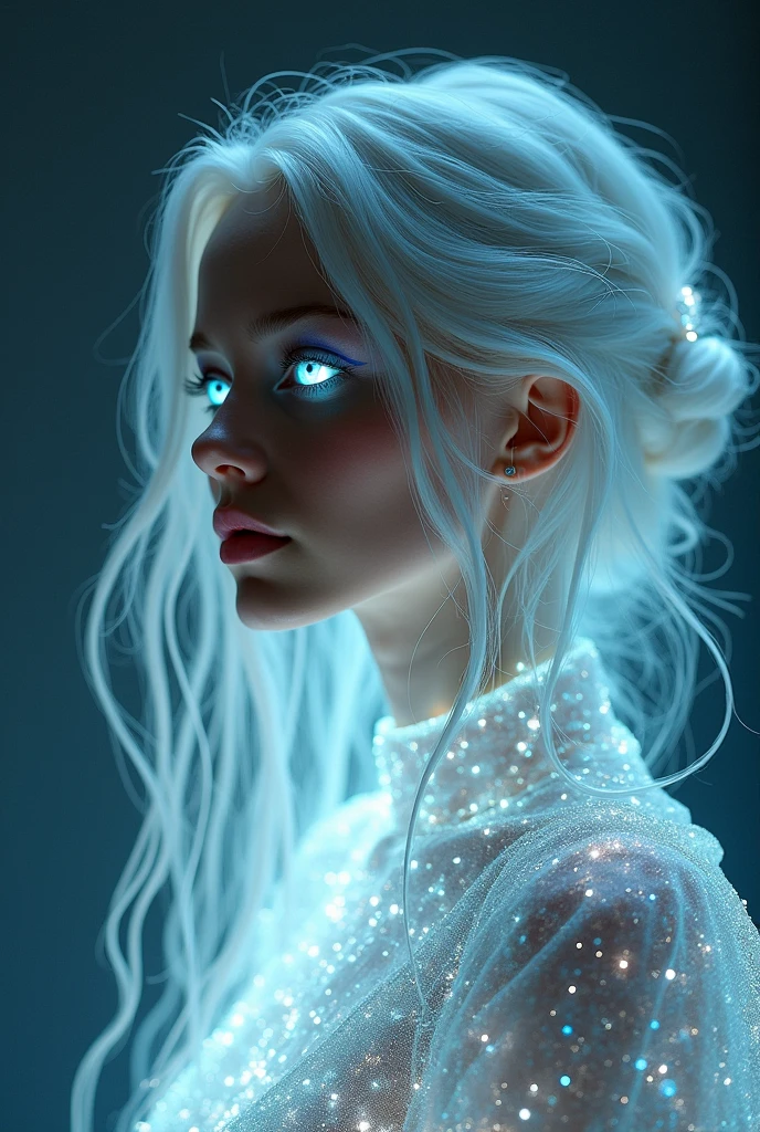 In "Woman and the Luminous Element: Yttrium," Adda Barrios masterfully combines art and science to create a captivating and visually striking portrait. The woman's silvery-white hair cascades down her back, subtly glowing with an ethereal light, representing yttrium's metallic sheen and its essential role in lighting technology. Her eyes, a mesmerizing iridescent blue, reflect the light emitted by LEDs and symbolize the calm stability of yttrium's only isotope, 89Y.

The woman's skin has a metallic finish, matching the appearance of yttrium, and a soft glow emanates from her, showcasing the element's ability to enhance other materials' properties. Her flowing gown, infused with glowing particles, features intricate patterns that evoke electronic circ
