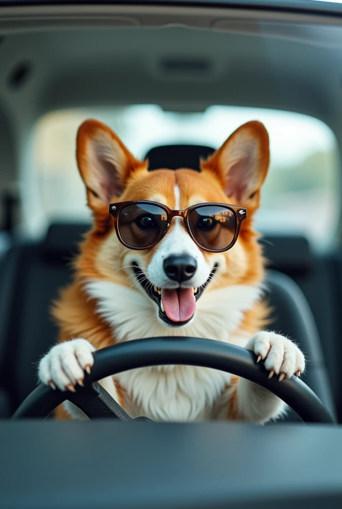 Photo of a corgi wearing sunglasses and driving a car