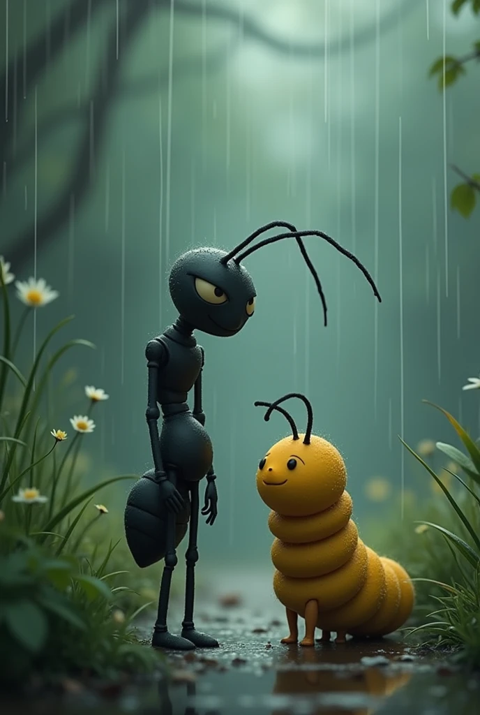 Ant and caterpillar in the rain 2D Say goodbye