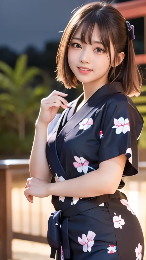 8k,Highest quality,(masterpiece:1.2),(Realistic),(Realistic:1.37),Ultra-high resolution,One College Girl,Fireworks display,night,smile,Beautiful Eyes,(((Cute Yukata))),Perfect body,Perfect Fingers,Professional Lighting,gravure,Detailed face and skin texture,fine grain,RAW Photos