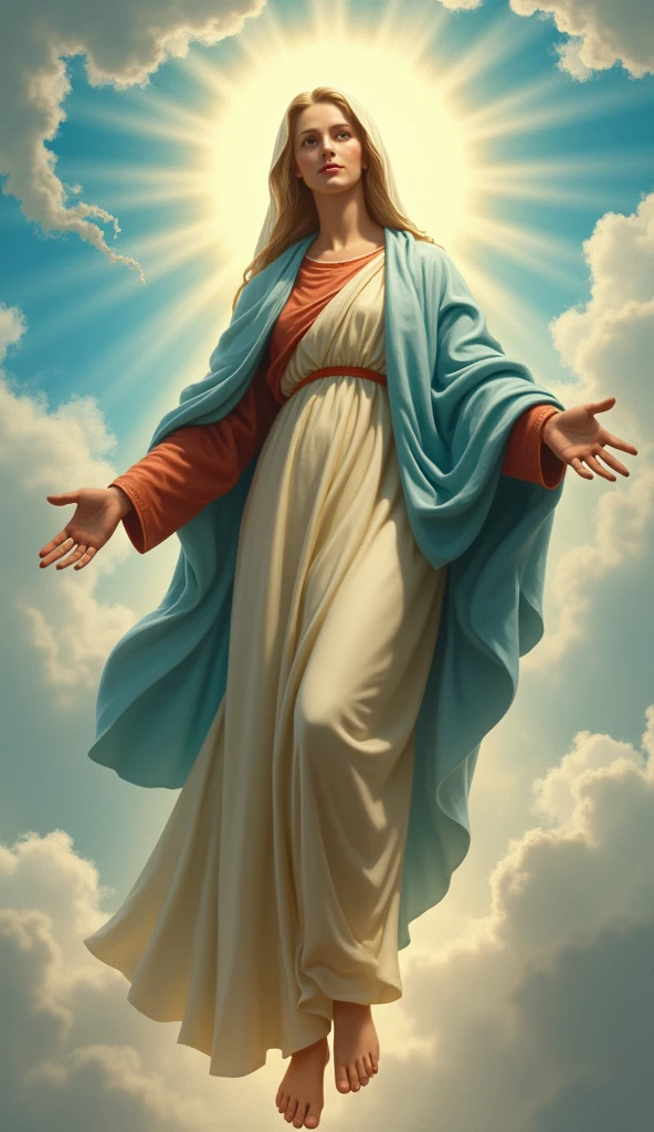 Ascending々Beautiful Virgin Mary gently looking down、whole body、blue sky、sun、cloud、Reddish beige tunic with light blue cloak and veil