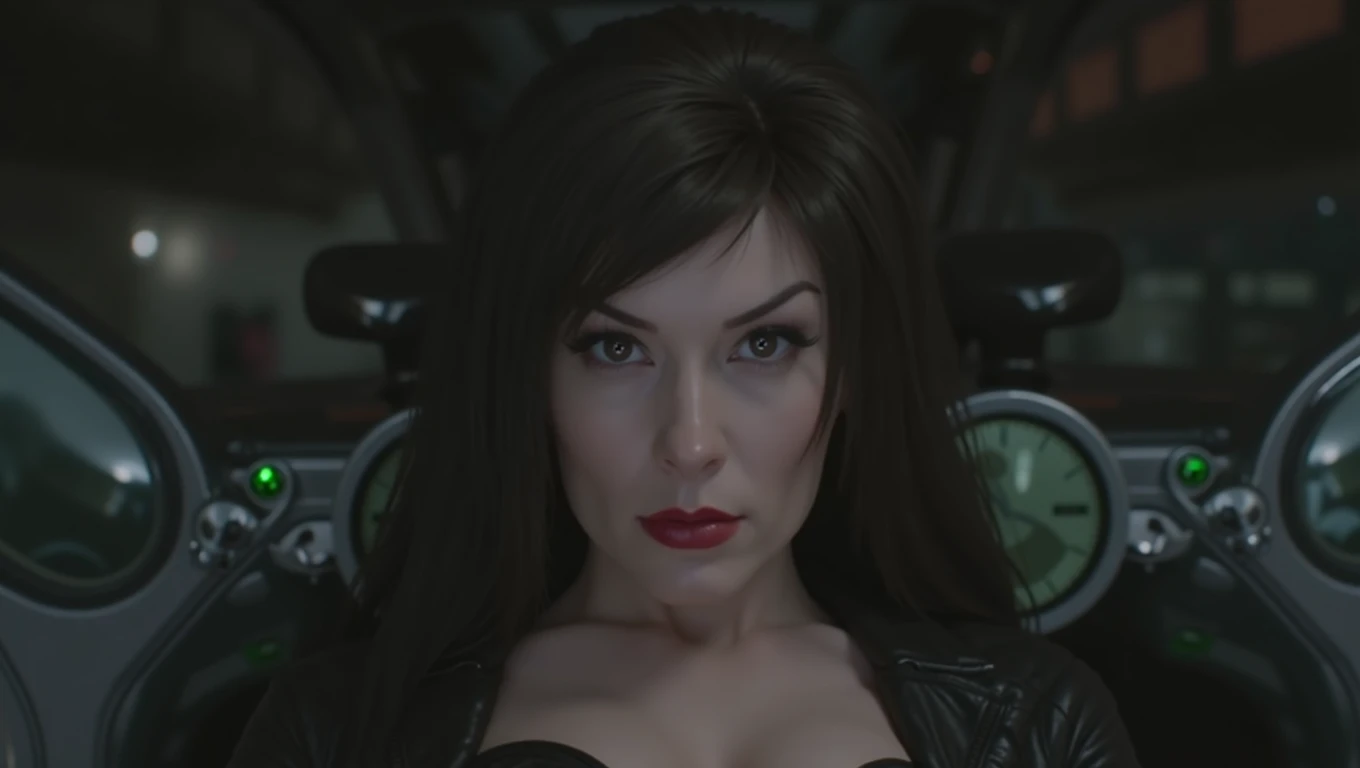 Beautiful pale 50 year old woman, detailed black hair, thin long nose, eyes wide open, cleavage, leather jacket, staring at viewer, evil stoic expression, long face shape, perfect teeth, cinematic lighting, hyperrealistic, 8k, highly detailed, photorealistic, masterpiece