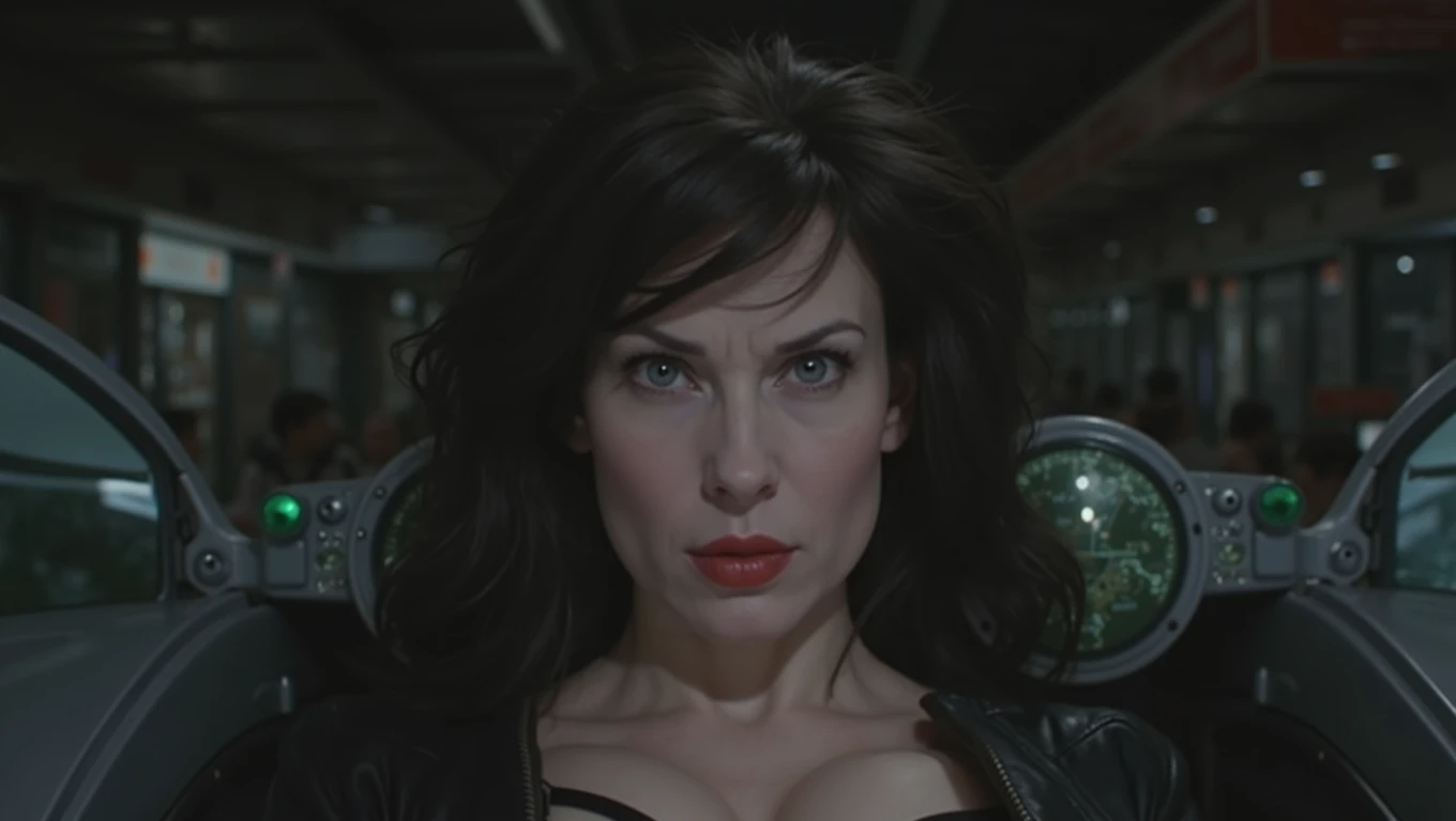 Beautiful pale 50 year old woman, detailed black hair, thin long nose, eyes wide open, cleavage, leather jacket, staring at viewer, evil stoic expression, long face shape, perfect teeth, cinematic lighting, hyperrealistic, 8k, highly detailed, photorealistic, masterpiece