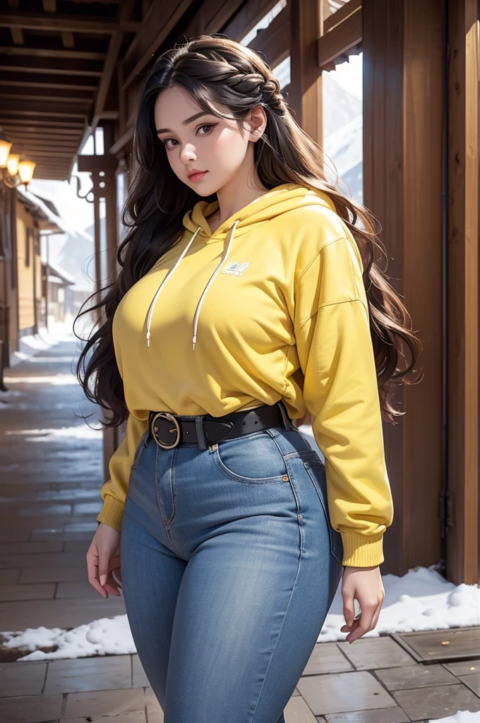 Beautiful sensual bbw woman with attractive body, long hair, forehead, french braid, The widest waist, fit the chest perfectly, Attractive highlighted loot, sparkling eyes, long eyelashes, thick thighs, strong calves, shy expression, Taniayushigar, she wears a hoodie, jeans, yellow belt, yellow sneakers, Take a walk in a mountain village, Looking at the old building, Winter's Evening, realistic, masterpiece, bokeh, volumetric lighting, Winter Season Atmosphere, Full body shot taken from the side