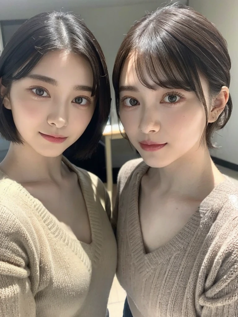 (masterpiece:1.3), (8k, Photoreal, Raw photo, best image quality: 1.4), Japanese high school girl、(random hairstyle:1.2)、cleavage:1.5、super detail face、eye for details、double eyelid、chest to chest、sharp focus:1.2、Beautiful woman:1.4、light brown hair、highest quality、masterpiece、超A high resolution、(Photoreal:1.4)、Highly detailed and professionally lit smiles、loose and light knitwear、shoulder out、thin、serious expression、short haired、deadly position
similar identical twins
All the girls have the exact same face, The two have the same face and figure, as if they were mirror images.