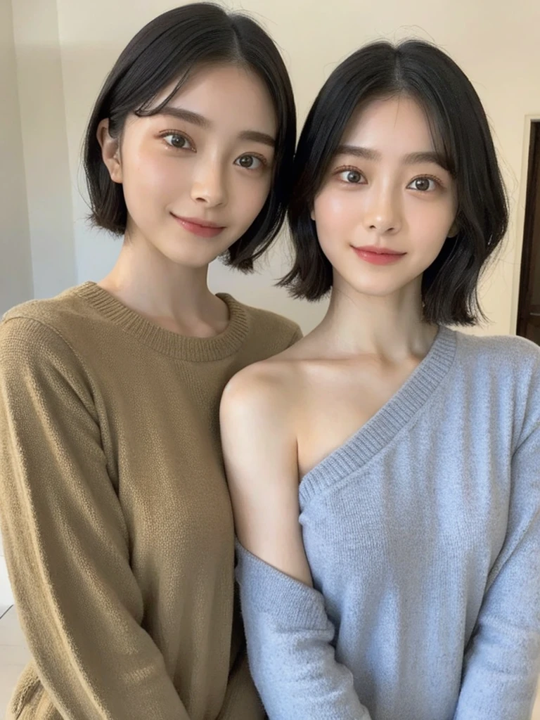 (masterpiece:1.3), (8k, Photoreal, Raw photo, best image quality: 1.4), Japanese high school girl、(random hairstyle:1.2)、cleavage:1.5、super detail face、eye for details、double eyelid、chest to chest、sharp focus:1.2、Beautiful woman:1.4、light brown hair、highest quality、masterpiece、超A high resolution、(Photoreal:1.4)、Highly detailed and professionally lit smiles、loose and light knitwear、shoulder out、thin、serious expression、short haired、deadly position
similar identical twins
All the girls have the exact same face, The two have the same face and figure, as if they were mirror images.
