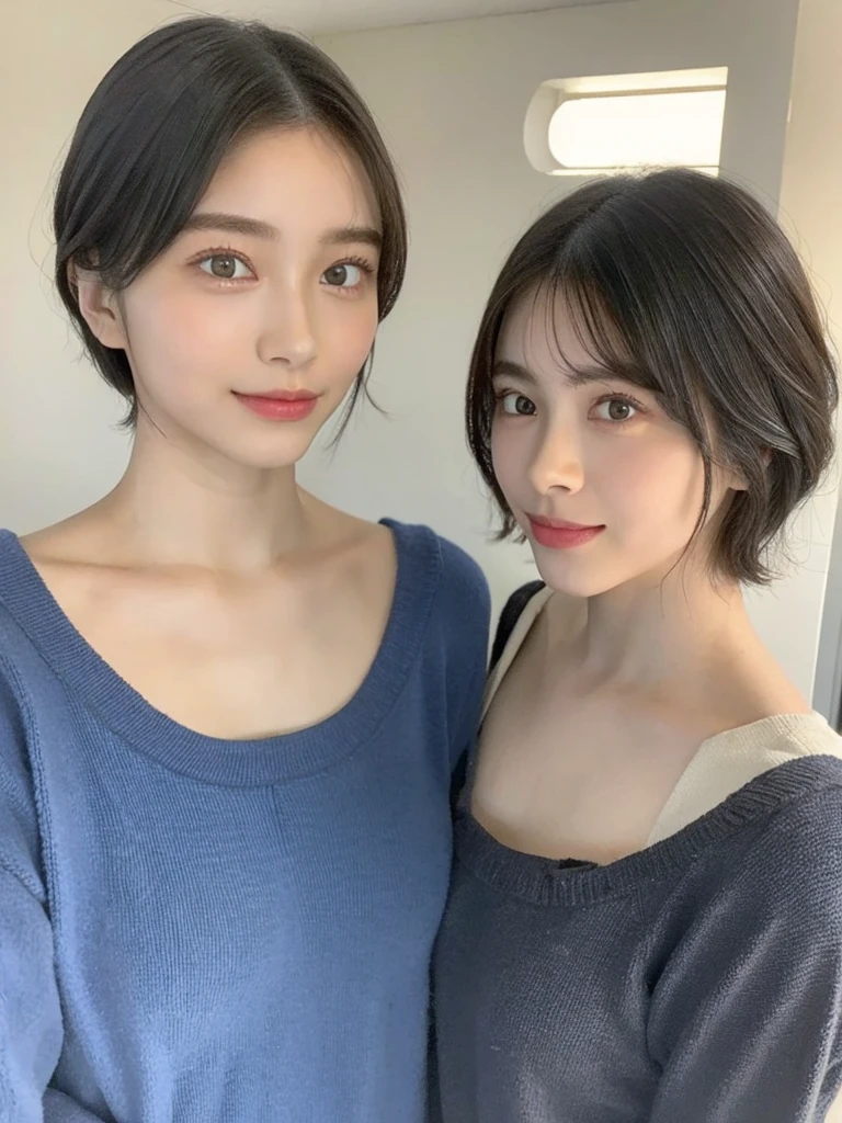 (masterpiece:1.3), (8k, Photoreal, Raw photo, best image quality: 1.4), Japanese high school girl、(random hairstyle:1.2)、cleavage:1.5、super detail face、eye for details、double eyelid、chest to chest、sharp focus:1.2、Beautiful woman:1.4、light brown hair、highest quality、masterpiece、超A high resolution、(Photoreal:1.4)、Highly detailed and professionally lit smiles、loose and light knitwear、shoulder out、thin、serious expression、short haired、deadly position
similar identical twins
All the girls have the exact same face, The two have the same face and figure, as if they were mirror images.