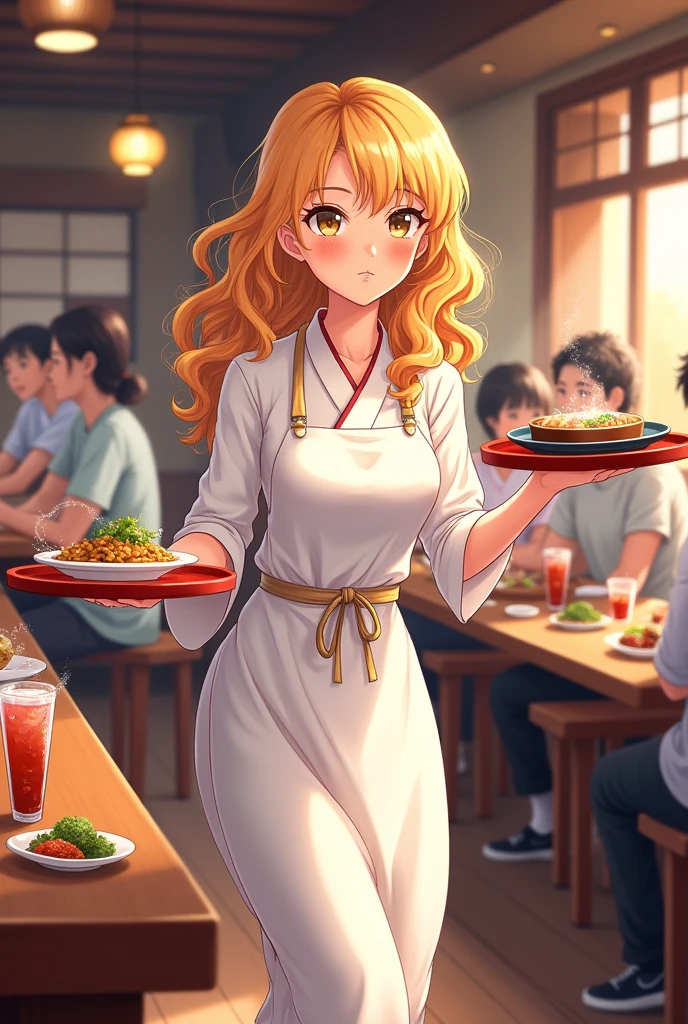 An anime-style illustration of a young lady with curly blonde hair working hard to serve customers at an izakaya
