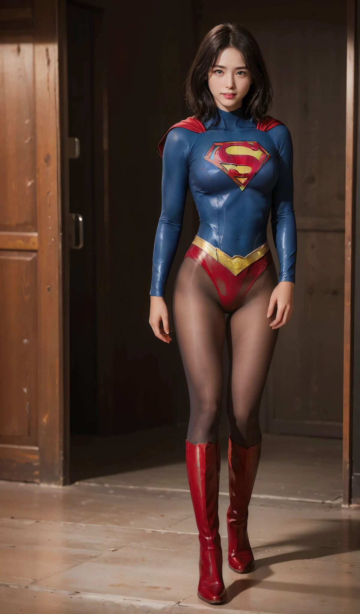 No background、(((Beautiful legs in black tights.)))、(((Legally express the beauty of your smile)))、((((Make the most of your original images)))、(((Supergirl Costume)))、(((Beautiful short bob hair)))、(((suffering)))、(((Please wear black tights....、Wear red boots)))、((Best image quality、8k))、((Highest quality、8k、masterpiece:1.3))、(((Preserve background )))、Sharp focus:1.2、Beautiful woman with perfect figure:1.4、Slim Abs:1.2、Wet body:1.5、Highly detailed face and skin texture、8k