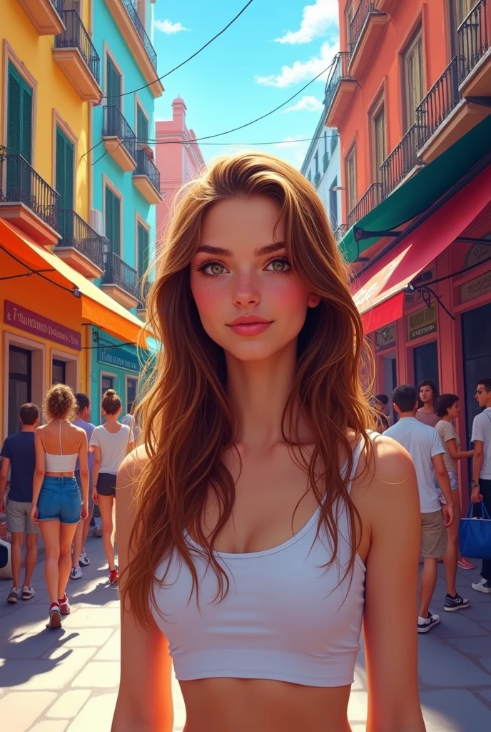 A creative and colorful cover, in overcooked places in Madrid Spain A girl, chestnut, long and straight hair, adolescent, with a white crop top, Brown eyes, a little high 