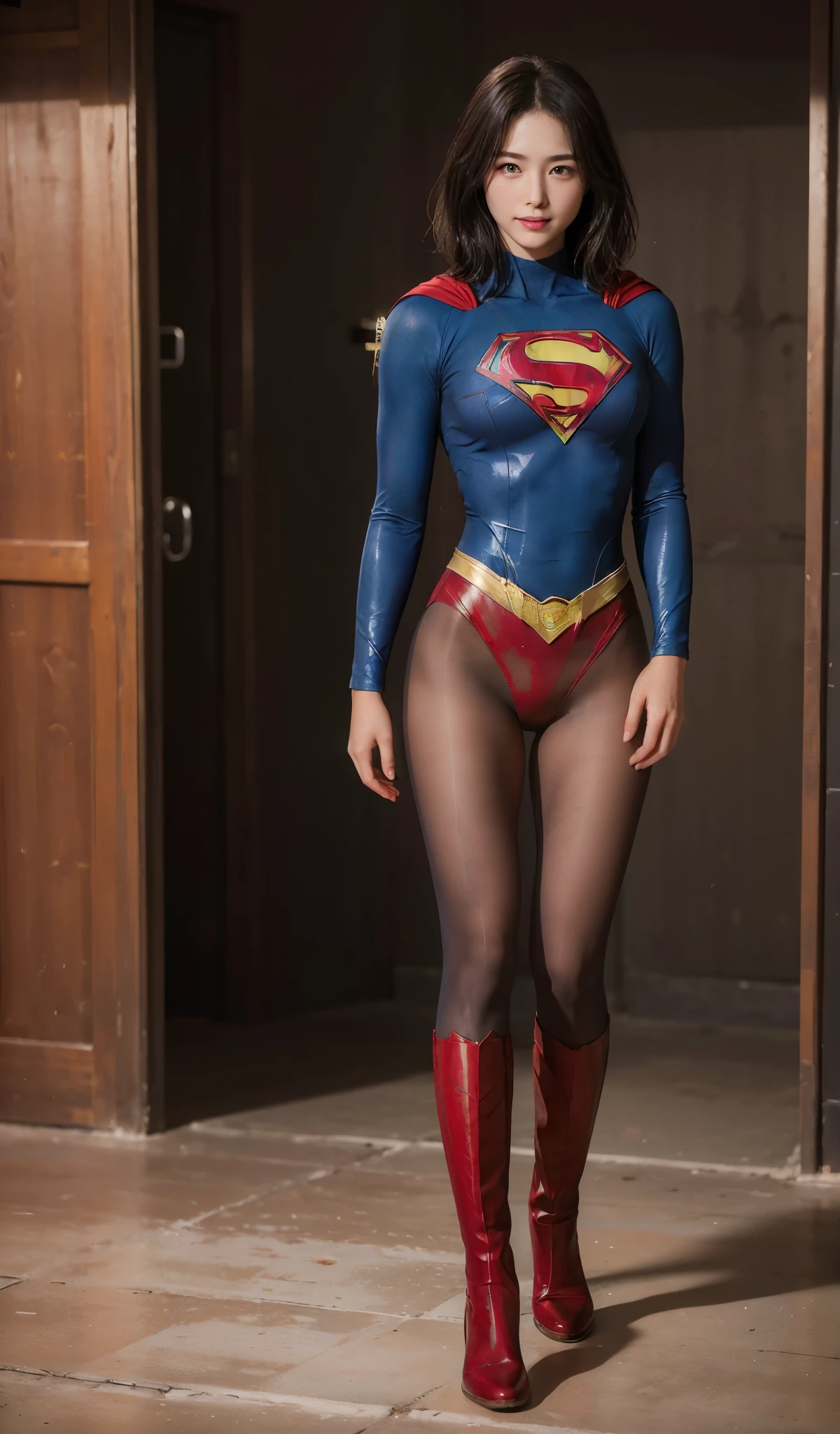 No background、(((Beautiful legs in black tights.)))、(((Legally express the beauty of your smile)))、((((Make the most of your original images)))、(((Supergirl Costume)))、(((Beautiful short bob hair)))、(((suffering)))、(((Please wear black tights....、Wear red boots)))、((Best image quality、8k))、((Highest quality、8k、masterpiece:1.3))、(((Preserve background )))、Sharp focus:1.2、Beautiful woman with perfect figure:1.4、Slim Abs:1.2、Wet body:1.5、Highly detailed face and skin texture、8k