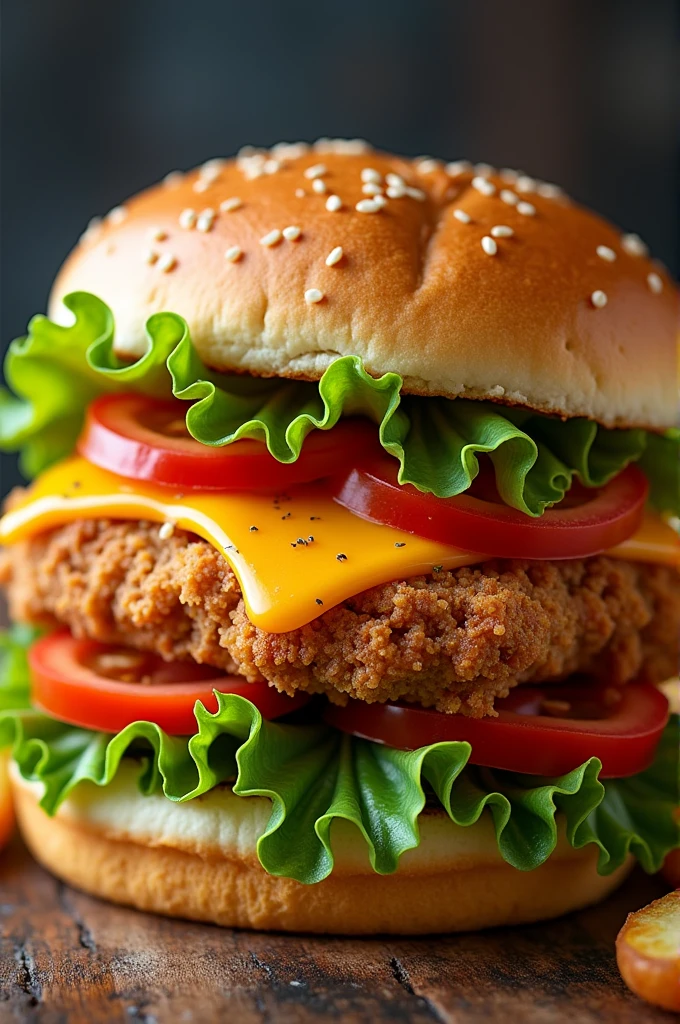 a chicken sandwich with lettuce, tomato, Potato and cheese