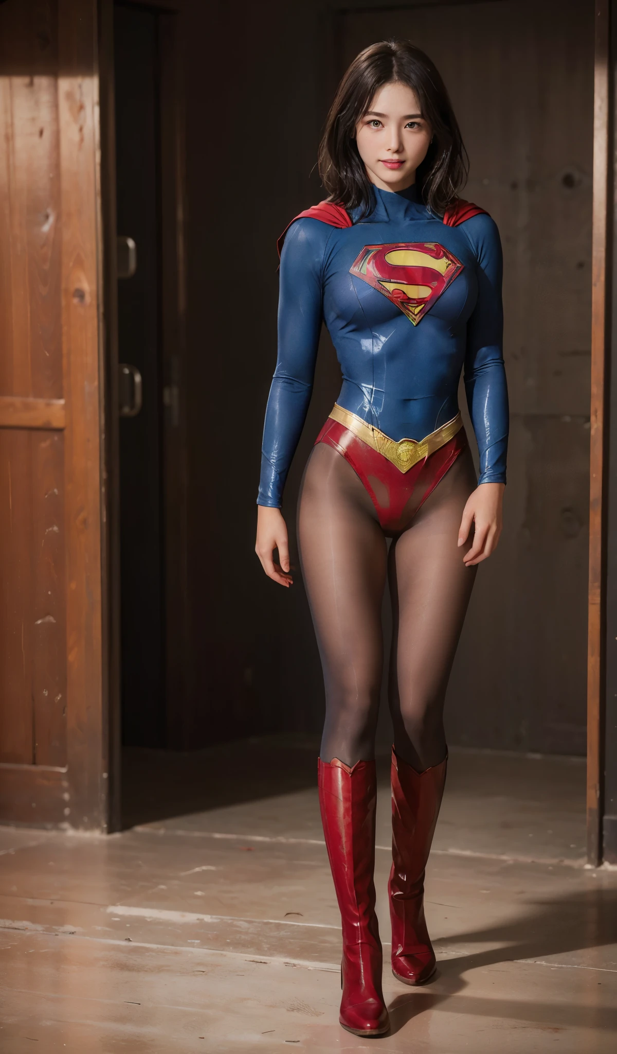 No background、(((Beautiful legs in black tights.)))、(((Legally express the beauty of your smile)))、((((Make the most of your original images)))、(((Supergirl Costume)))、(((Beautiful short bob hair)))、(((suffering)))、(((Please wear black tights....、Wear red boots)))、((Best image quality、8k))、((Highest quality、8k、masterpiece:1.3))、(((Preserve background )))、Sharp focus:1.2、Beautiful woman with perfect figure:1.4、Slim Abs:1.2、Wet body:1.5、Highly detailed face and skin texture、8k