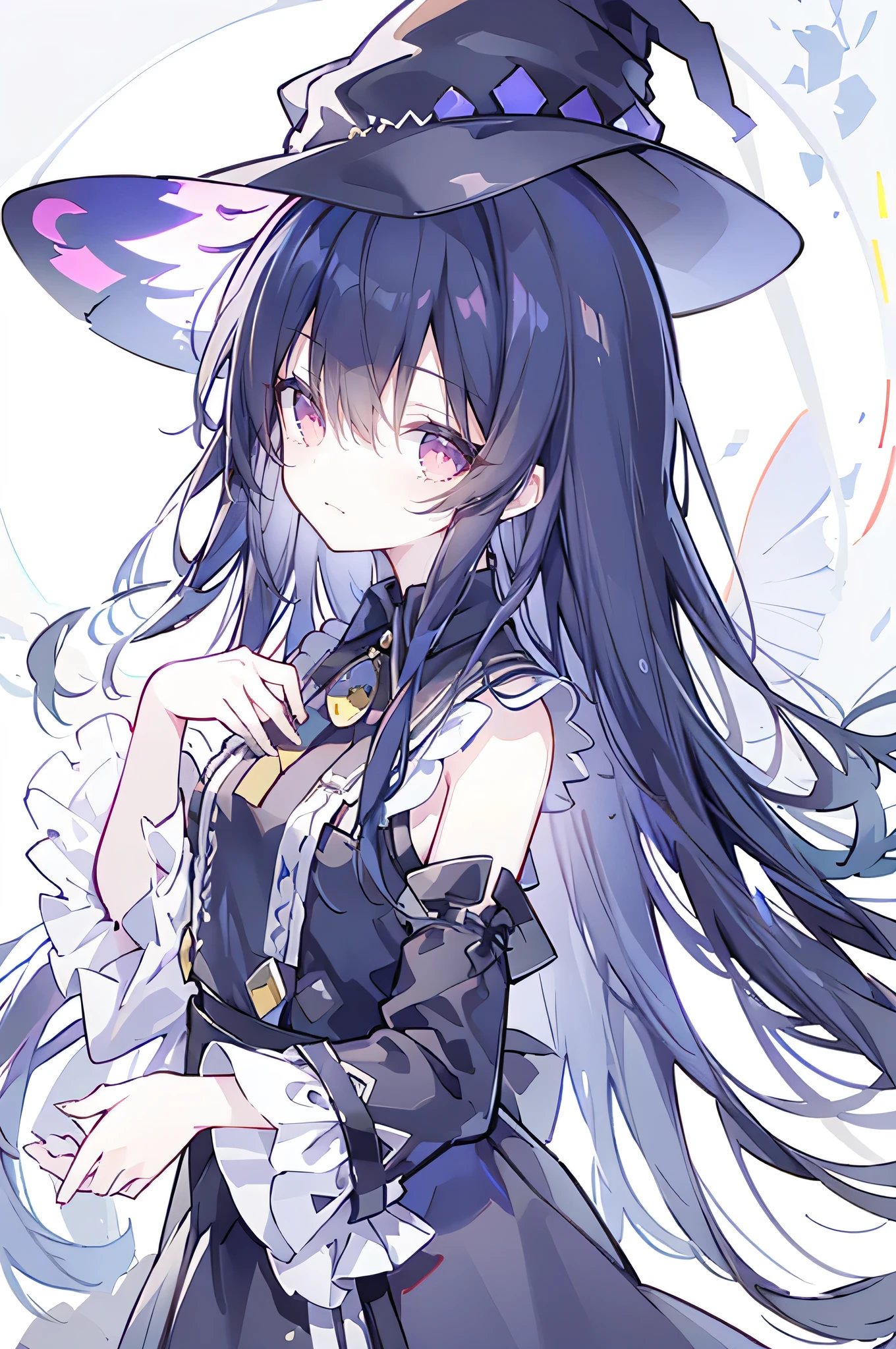 oung Girls,Humanity,A magician always smiles,big witch hat,cute,dark blue long hair,The eyes are dull,The bangs are heavy,Thin eyebrows,fantasy,intake,Double teeth,Star Theme,Constellation pattern,Solid color clothetal decoration,cloak,A bit of a dark atmosphere,A little crazy smile,When the big moon shines outside at night,blood,Hair black star embellishment,Short tie,No nails,High waist skirt,Bell sleeves,Long-sleeved shirt,Black tie,low risk,gentlemen。Mist、Yellow and white effect，Shocking pink as an accent color
