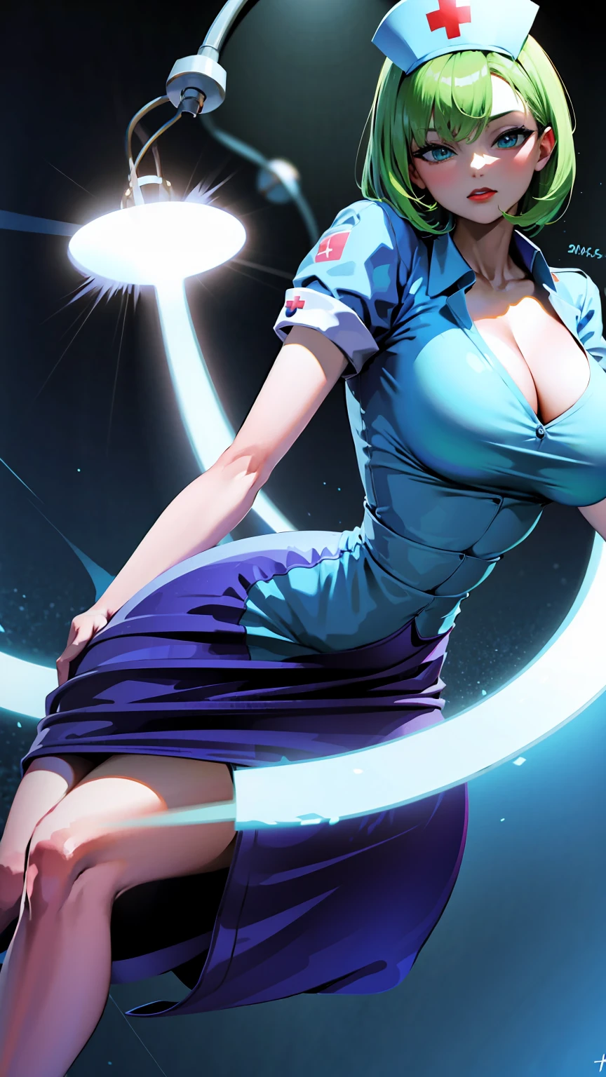 nurse outfit, large breast, big breast, cleavage, short green hair, blue eyes