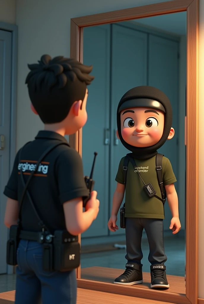 depict in animated form a person dressed as a technician, safety shoes, carrying HT on his shoulder, and his shirt is black with engineering written on the back, and neat hair with round facial gestures, The man was looking in the mirror in the cupboard but his reflection was a muscular man wearing a black balaclava., wearing an army green shirt with weekend offender written on it, and wearing black adidas shoes with 3 blue stripes
