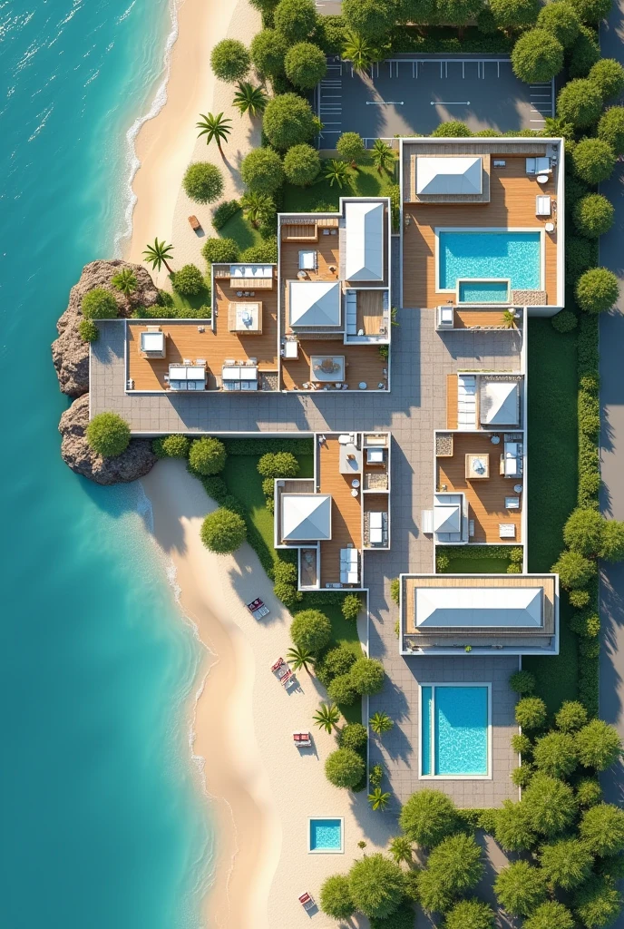 1D beach hotel floor plan containing reception area, a restaurant, The recreation space, the rooms, A SPA area, An area for people with disabilities, 3 swimming pools, Connection with green areas, That can be like an open space, The L-shaped parking lot One part in front and the rest alongside, 2 dirty pools in the green area outside the hotel