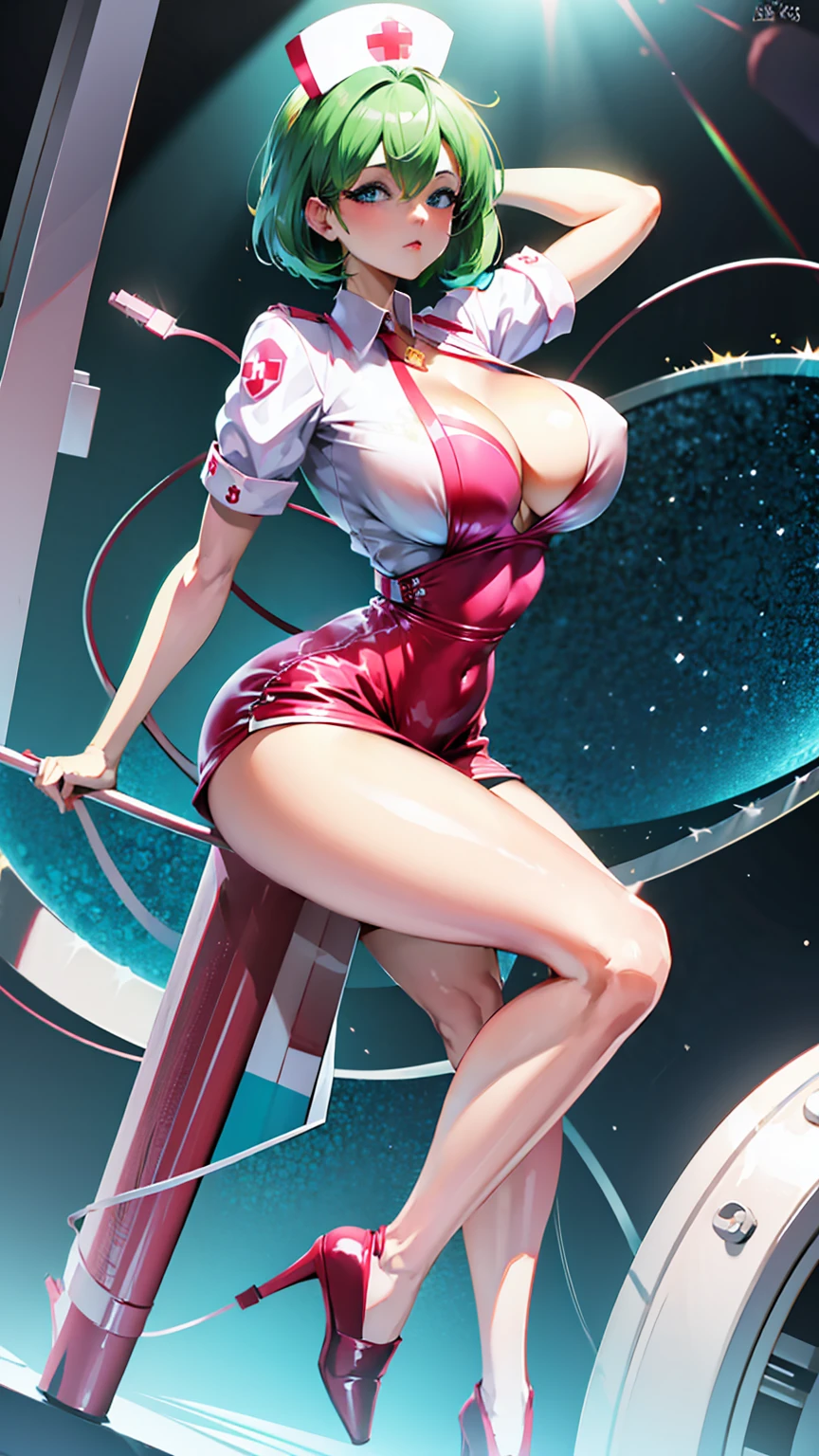 nurse outfit, large breast, big breast, cleavage, short green hair, blue eyes