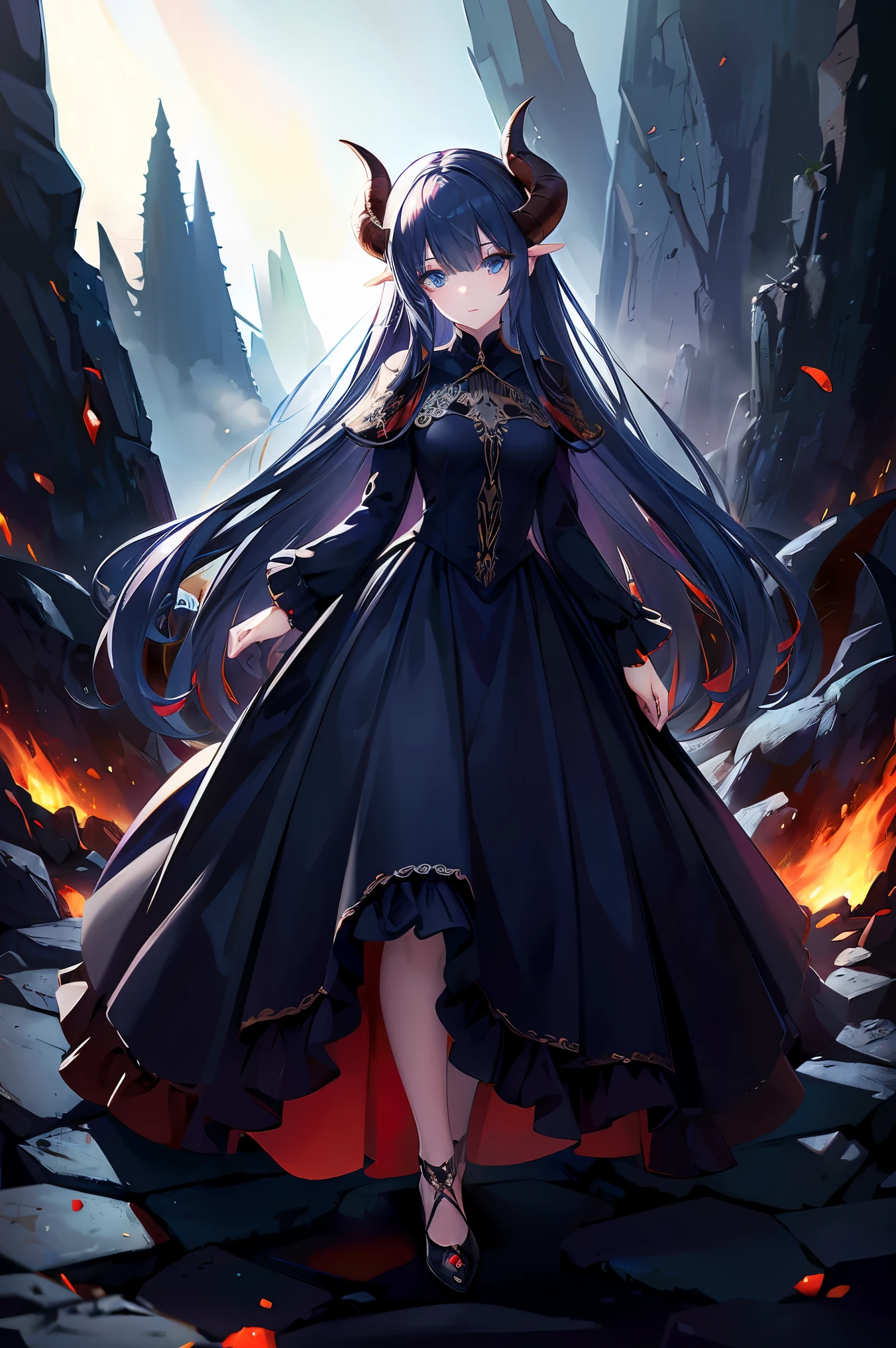 , perfect eyes, soft light, high quality, 4k resolution, masterpiece, textured skin, high details, detailed face, detailed eyes, best quality, award winning, super detail, high quality, A demon queen with goat horns, gothic ****ta dress, residing in the depths of hell, Lava flow, Blue long hair, Light blue eyes, Red high heels, navy blue dress