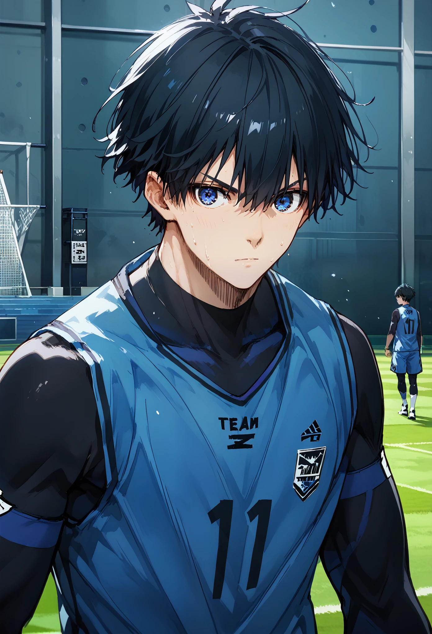 score_9_up,score_8_up,score_7_up,score_6_up, hadrian, 1boy, Isagi Yoichi, male focus, black hair, blue eyes, sportswear