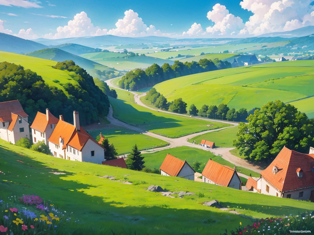 In this anime-style fantasy world, you see an expansive green landscape stretching as far as the eye can see. The sky is clear blue with a few scattered white clouds, and the warm sunlight bathes the scene, giving it a peaceful and inviting atmosphere.

In the distance, there's a small town filled with houses with orange and red rooftops. The most prominent feature is a large stone castle perched on a hill, with tall towers that stand out against the horizon. Some towers have flags gently waving in the breeze. Roads and bridges connect various parts of the town, making it look like something straight out of a fairy tale.

The vast green fields are dotted with large trees, and in some areas, colorful flowers bloom, adding vibrancy to the scene. A small river winds its way through the landscape, creating a soft, calming sound as it flows.

You might also spot some fantastical creatures, like small dragons or cute animals, wandering through the fields, adding a touch of magic and otherworldliness to the scene.

This description should help you visualize the anime-style fantasy world with a vast green landscape and a distant town clearly and vividly