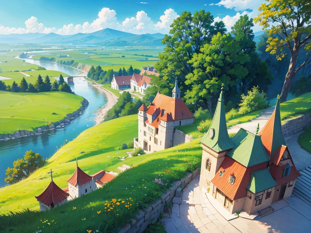 In this anime-style fantasy world, you see an expansive green landscape stretching as far as the eye can see. The sky is clear blue with a few scattered white clouds, and the warm sunlight bathes the scene, giving it a peaceful and inviting atmosphere.
In the distance, there's a small town filled with houses with orange and red rooftops. The most prominent feature is a large stone castle perched on a hill, with tall towers that stand out against the horizon. Some towers have flags gently waving in the breeze. Roads and bridges connect various parts of the town, making it look like something straight out of a fairy tale.
The vast green fields are dotted with large trees, and in some areas, colorful flowers bloom, adding vibrancy to the scene. A small river winds its way through the landscape, creating a soft, calming sound as it flows.
You might also spot some fantastical creatures, like small dragons or cute animals, wandering through the fields, adding a touch of magic and otherworldliness to the scene.
This description should help you visualize the anime-style fantasy world with a vast green landscape and a distant town clearly and vividly