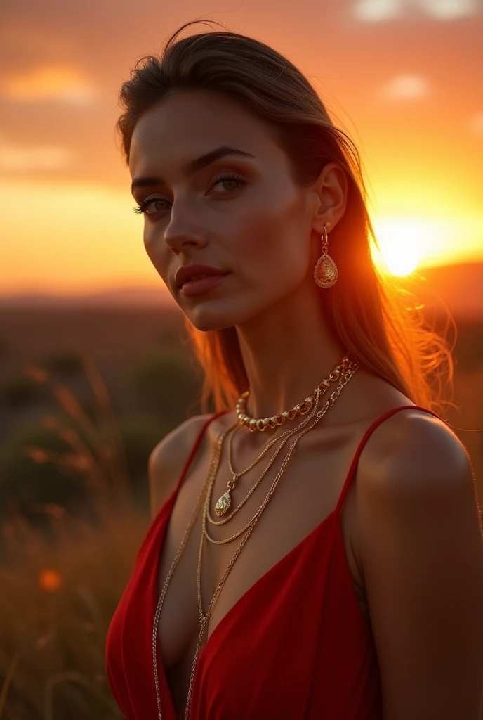 Gold jewelry for commercial put a model using the product under a sunset light