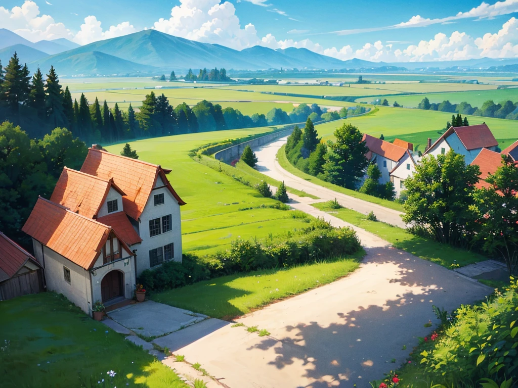 In this anime-style fantasy world, you see an expansive green landscape stretching as far as the eye can see. The sky is clear blue with a few scattered white clouds, and the warm sunlight bathes the scene, giving it a peaceful and inviting atmosphere.

In the distance, there's a small town filled with houses with orange and red rooftops. The most prominent feature is a large stone castle perched on a hill, with tall towers that stand out against the horizon. Some towers have flags gently waving in the breeze. Roads and bridges connect various parts of the town, making it look like something straight out of a fairy tale.

The vast green fields are dotted with large trees, and in some areas, colorful flowers bloom, adding vibrancy to the scene. A small river winds its way through the landscape, creating a soft, calming sound as it flows.

You might also spot some fantastical creatures, like small dragons or cute animals, wandering through the fields, adding a touch of magic and otherworldliness to the scene.

This description should help you visualize the anime-style fantasy world with a vast green landscape and a distant town clearly and vividly
