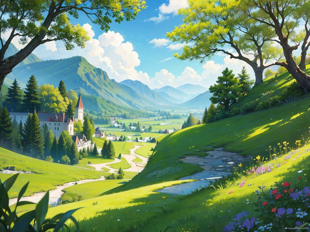 In this anime-style fantasy world, you see an expansive green landscape stretching as far as the eye can see. The sky is clear blue with a few scattered white clouds, and the warm sunlight bathes the scene, giving it a peaceful and inviting atmosphere.

In the distance, there's a small town filled with houses with orange and red rooftops. The most prominent feature is a large stone castle perched on a hill, with tall towers that stand out against the horizon. Some towers have flags gently waving in the breeze. Roads and bridges connect various parts of the town, making it look like something straight out of a fairy tale.

The vast green fields are dotted with large trees, and in some areas, colorful flowers bloom, adding vibrancy to the scene. A small river winds its way through the landscape, creating a soft, calming sound as it flows.

You might also spot some fantastical creatures, like small dragons or cute animals, wandering through the fields, adding a touch of magic and otherworldliness to the scene.

This description should help you visualize the anime-style fantasy world with a vast green landscape and a distant town clearly and vividly