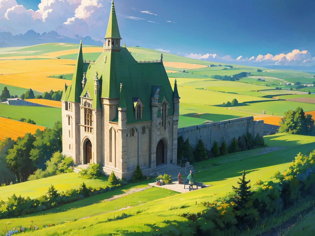 In this anime-style fantasy world, you see an expansive green landscape stretching as far as the eye can see. The sky is clear blue with a few scattered white clouds, and the warm sunlight bathes the scene, giving it a peaceful and inviting atmosphere.

In the distance, there's a small town filled with houses with orange and red rooftops. The most prominent feature is a large stone castle perched on a hill, with tall towers that stand out against the horizon. Some towers have flags gently waving in the breeze. Roads and bridges connect various parts of the town, making it look like something straight out of a fairy tale.

The vast green fields are dotted with large trees, and in some areas, colorful flowers bloom, adding vibrancy to the scene. A small river winds its way through the landscape, creating a soft, calming sound as it flows.

You might also spot some fantastical creatures, like small dragons or cute animals, wandering through the fields, adding a touch of magic and otherworldliness to the scene.

This description should help you visualize the anime-style fantasy world with a vast green landscape and a distant town clearly and vividly