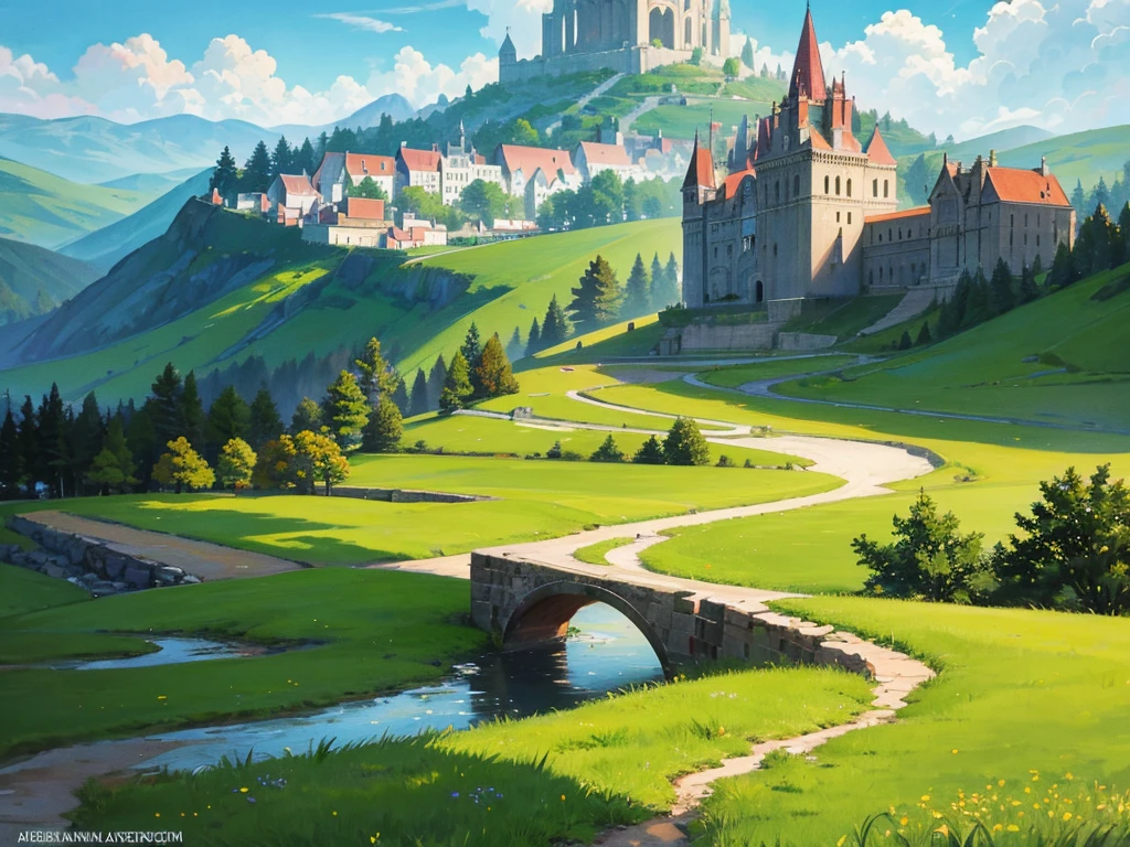 In this anime-style fantasy world, you see an expansive green landscape stretching as far as the eye can see. The sky is clear blue with a few scattered white clouds, and the warm sunlight bathes the scene, giving it a peaceful and inviting atmosphere.

In the distance, there's a small town filled with houses with orange and red rooftops. The most prominent feature is a large stone castle perched on a hill, with tall towers that stand out against the horizon. Some towers have flags gently waving in the breeze. Roads and bridges connect various parts of the town, making it look like something straight out of a fairy tale.

The vast green fields are dotted with large trees, and in some areas, colorful flowers bloom, adding vibrancy to the scene. A small river winds its way through the landscape, creating a soft, calming sound as it flows.

You might also spot some fantastical creatures, like small dragons or cute animals, wandering through the fields, adding a touch of magic and otherworldliness to the scene.

This description should help you visualize the anime-style fantasy world with a vast green landscape and a distant town clearly and vividly