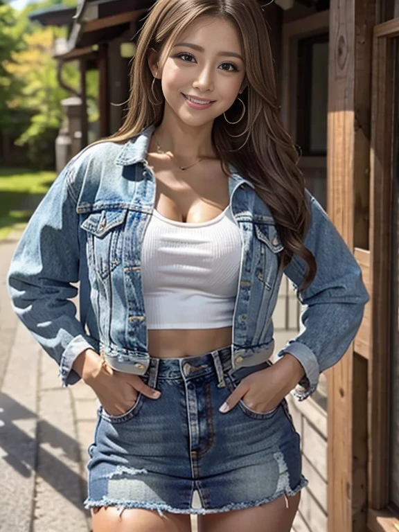 Highest quality, masterpiece, Ultra-high resolution, (Realistic:1.4), Beautiful woman, Clear grey V-neck shirt, G-string, Cleavage, ((Denim jacket)), Center of chest, Tight waist, Glowing Skin, 魅惑的なsmile, Bokeh, smile, pubic hair, thick pubic hair, long pubic hair, Denim mini skirt, Brown Hair、Fresh green scenery in Karuizawa、