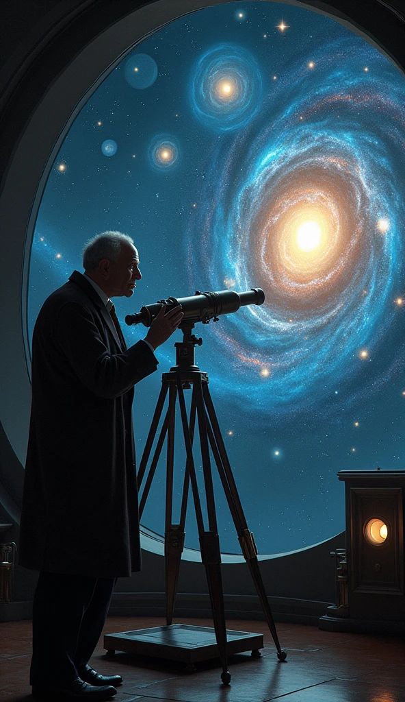 Show Edwin Hubble in an observatory, looking through a telescope into space, with visual representations of galaxies moving away.