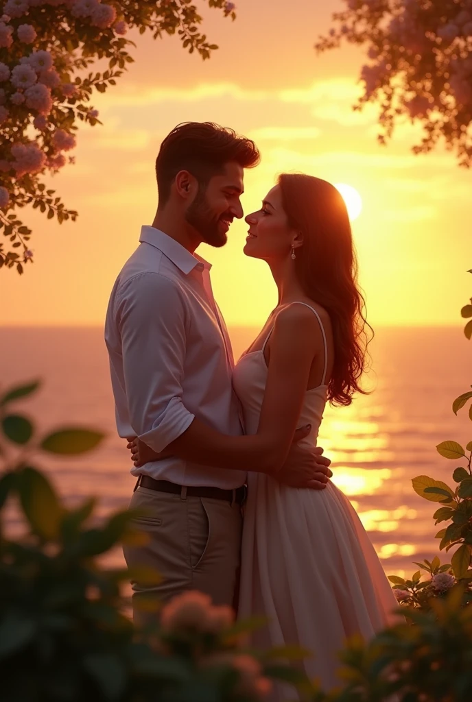 प्रेमी जोड़े का खूबसूरत पल: एक प्रेमी जोड़ा हाथ में हाथ डाले, सूर्यास्त के समय समुद्र किनारे या हरे-भरे पार्क में, एक-दूसरे को प्यार से देखते हुए।