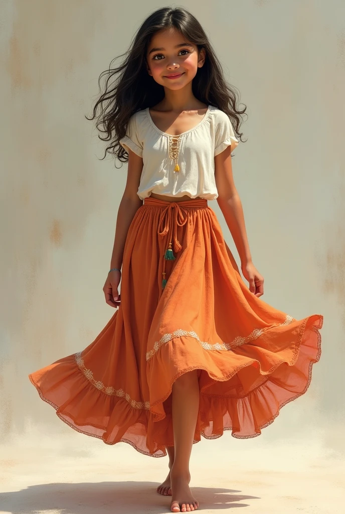 Draw a Latina girl in a skirt showing her feet, realist
