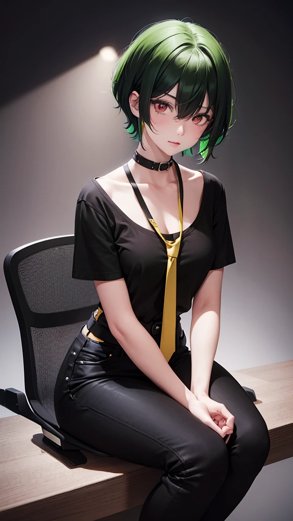 Girl with short green hair, with red eyes, black t-shirt with a yellow tie, black pants black boots, must be seated, with a black background and behind it the word LOVE in a luminescent yellow color