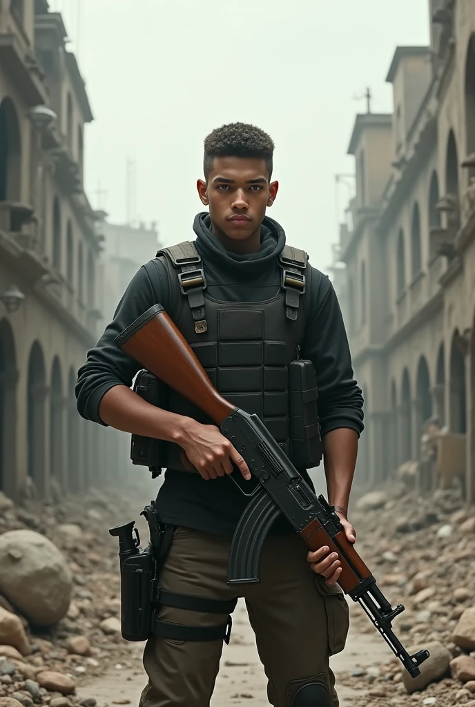 Character of a young man with short hair 4 cm. with bulletproof vest holding an old model AK 47 weapon. standing in the middle of a dead city There's a lump on his testa