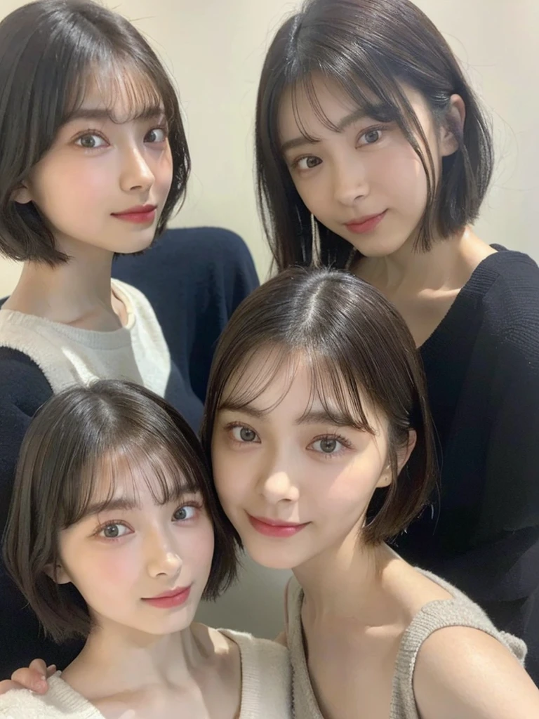 (masterpiece:1.3), (8k, Photoreal, Raw photo, best image quality: 1.4), Japanese high school girl、(random hairstyle:1.2)、cleavage:1.5、super detail face、eye for details、double eyelid、chest to chest、sharp focus:1.2、Beautiful woman:1.4、light brown hair、highest quality、masterpiece、超A high resolution、(Photoreal:1.4)、Highly detailed and professionally lit smiles、loose and light knitwear、shoulder out、thin、serious expression、short haired、deadly position
similar identical twins
All the girls have the exact same face, The two have the same face and figure, as if they were mirror images.