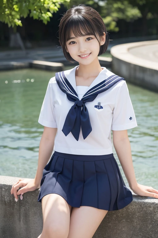 (masterpiece,Highest quality,Ultra-high resolution),Japanese women, so beautiful、(Perfect limbs、Perfect Anatomy),(Bob Hair).Cute Sailor Uniform、Short-sleeved sailor uniform、Super short skirt in navy blue、pure white、Glowing Beautiful Skin、A radiant smile、Shining black hair、The colors of youth and school scenes、Feelings of love