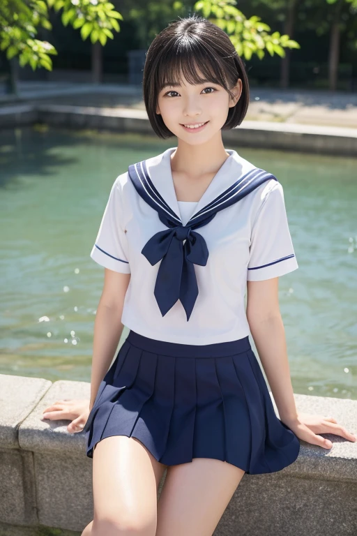 (masterpiece,Highest quality,Ultra-high resolution),Japanese women, so beautiful、(Perfect limbs、Perfect Anatomy),(Bob Hair).Cute Sailor Uniform、Short-sleeved sailor uniform、Super short skirt in navy blue、pure white、Glowing Beautiful Skin、A radiant smile、Shining black hair、The colors of youth and school scenes、Feelings of love