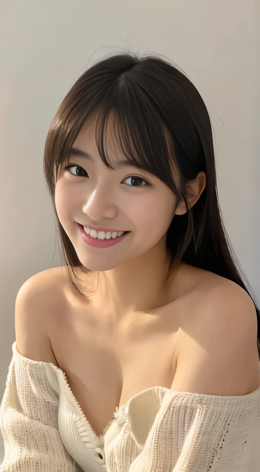 masterpiece,best quality,(Japanese girl),((Beautiful girl)),cleavage,(off shoulder:1.2),(perfect body beauty:1.2),(shy smile),beautiful teeth,From slightly above