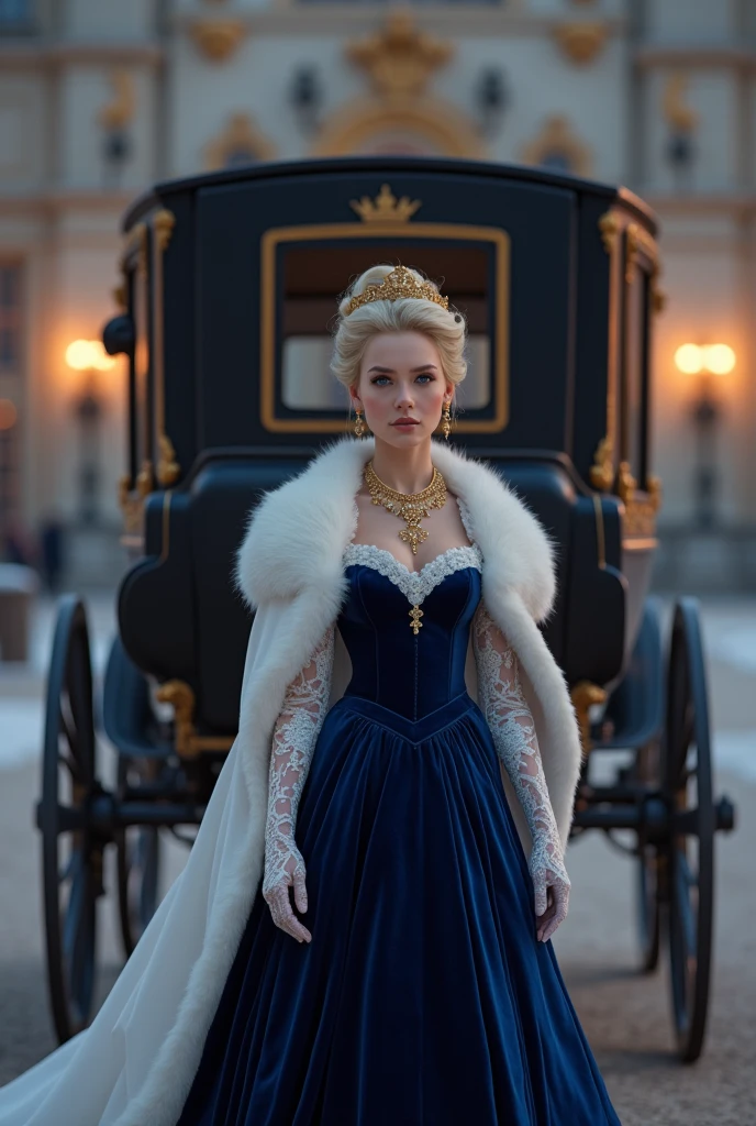 Two-horse pull carriage, gorgeous carriage, Pick-up from the palace, In front of the palace at night, In front of the carriage,  at viewer, English female, Age: 20 age-old, blond hair , chignon , fringe, beautiful blue eye, little smile, (middle cup breasts, slender whist, middle hip ,beautiful pussy, beautiful anal, public hair),(Royal Navy color Princess dress, Velvet Fabric, evening long dress:1.3), A white gown is draped over her shoulders to keep out the cold.、 (elbow silk lace glove),stockings, HI heals, gold ring earring, gold neckless, bracelet, tiara , standing ,UHD, accurate, anatomically correct, textured skin, super detail, high details, high quality, best quality,